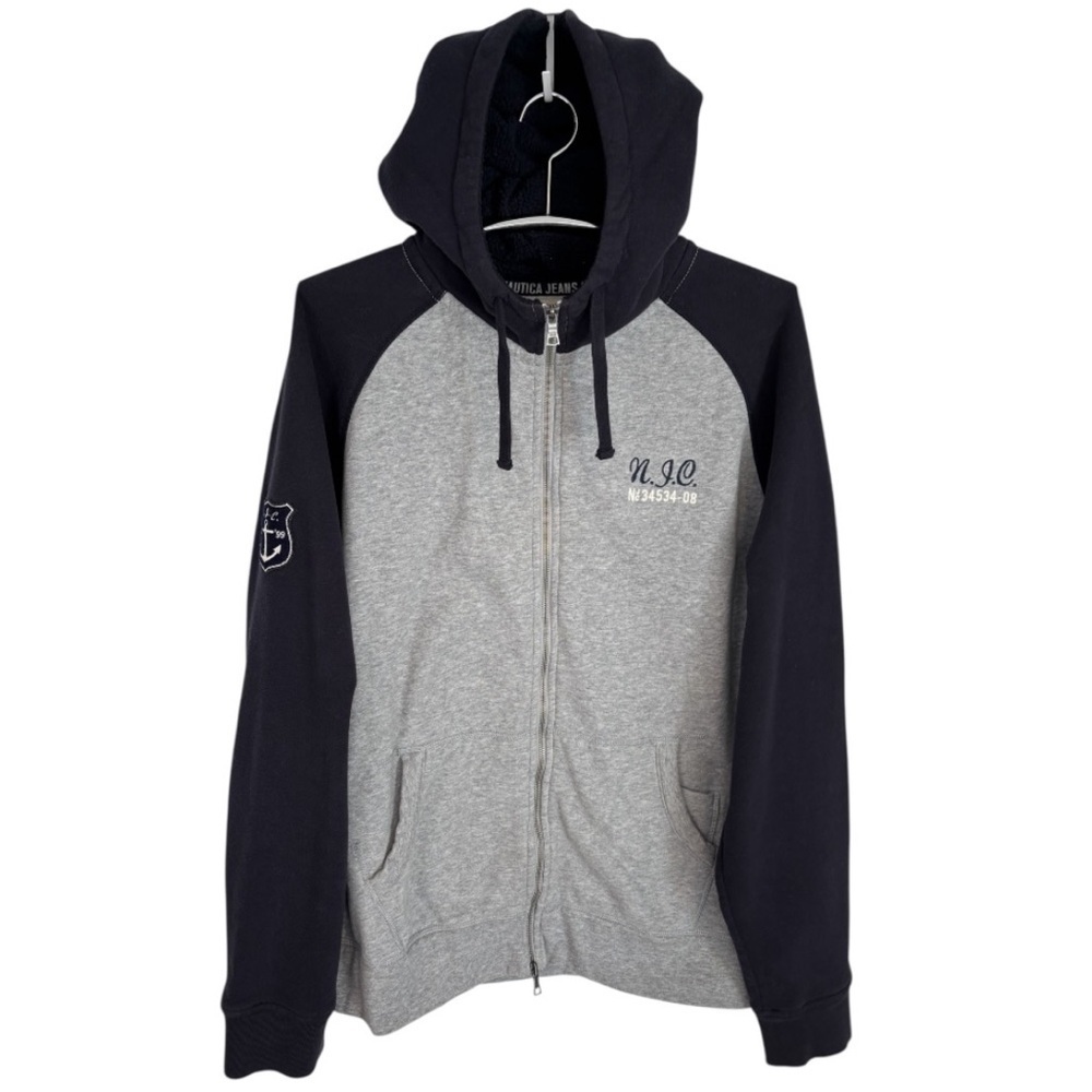 Nautica Men’s Gray & Black Embroidered Full Zip Hooded Sweatshirt